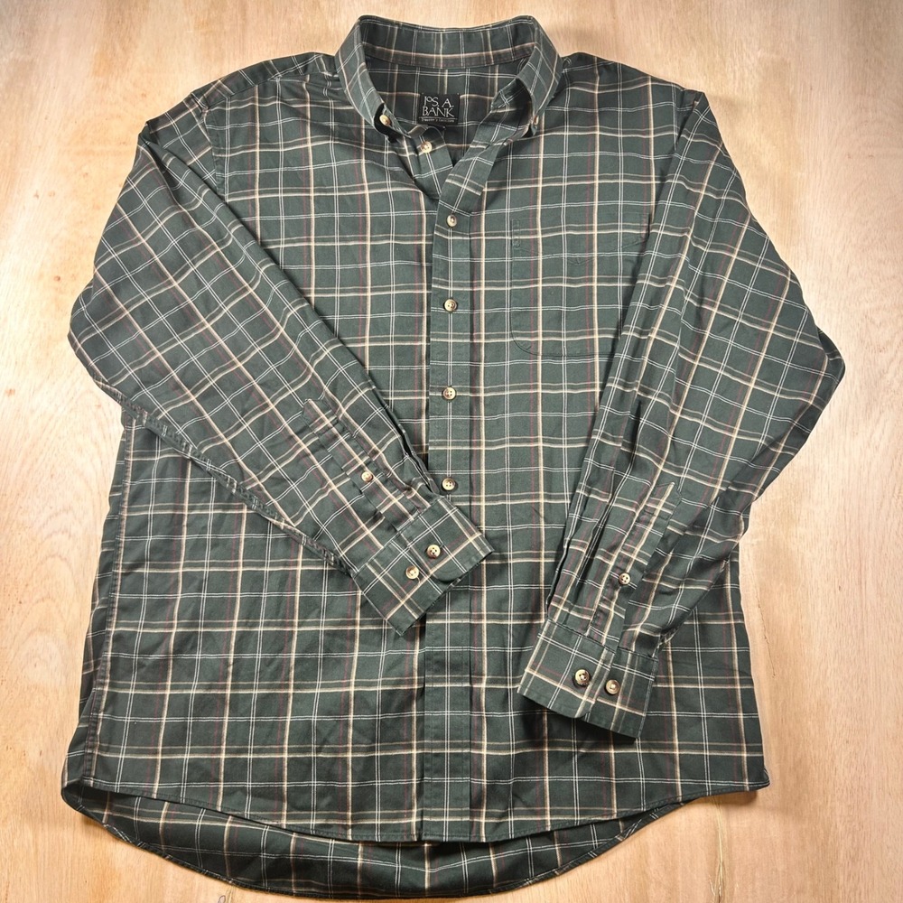 Jos. A. Bank Travelers Collection Green Plaid Herringbone Shirt Mens Medium